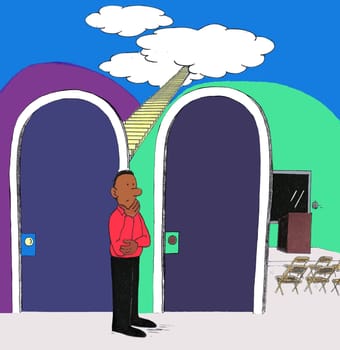 One man standing near two doors deciding between stairs to heaven or a lecture on heaven. One male choosing between going to heaven or a class on heaven.