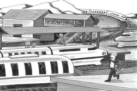 Grayscale illustration of a man and a woman on opposite platforms chasing after trains. Two trains traveling past the stations with two persons trying to catch them.