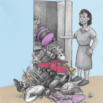 One mature woman opened a closet door and all her junk fell out and onto the floor. An illustrated  female finds a pile of things fell onto the floor from her closet..