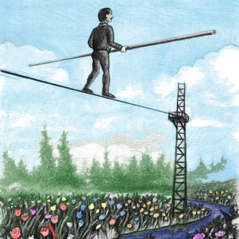 Older male carrying a large balance pole walking away on a high tight rope above flowers. Middle-aged gentleman with  balancing pole walking a tightrope..