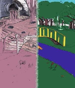 One footbridge divides an unhealthy landscape with a healthy and clean scene on the right. A polluted and a clean environment shown on opposite sides.