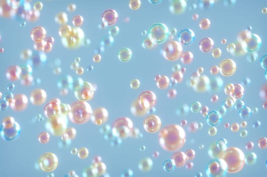 3D illustration. Soap bubbles flying randomly. Image in pastel colors.