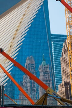 New York, USA - June 08, 2015: Ground Zero with the World Trade Center One and Transportation building late in the day in Lower Manhattan.