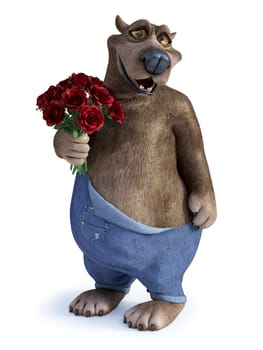 3D rendering of a charming smiling cartoon bear holding a bouquet of red roses in his hand. Ready for Valentines day! White background.