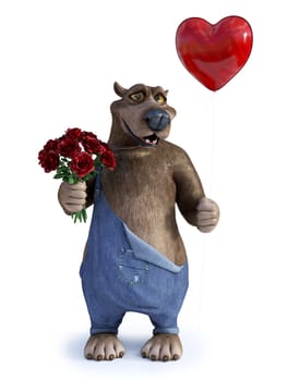 3D rendering of a charming smiling cartoon bear holding a heart shaped red balloon in one hand and a bouquet of roses in the other. Ready for Valentines day! White background.