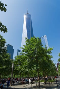 New York, USA - June 08, 2015: Ground Zero with the World Trade Center One and Transportation building late in the day in Lower Manhattan.