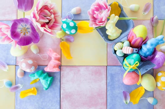 Colorful decoration for Easter with fresh tulips