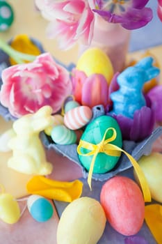 Colorful decoration for Easter with fresh tulips