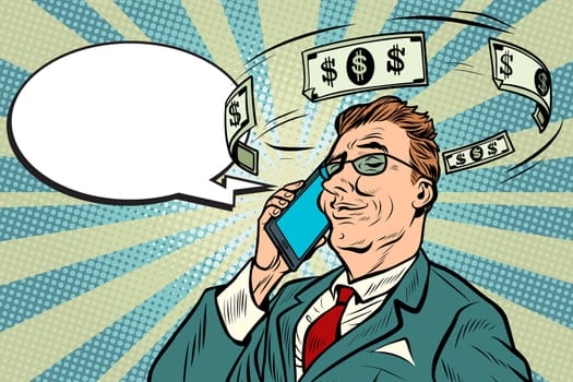 Businessman talking on the phone about money. Pop art retro vector illustration