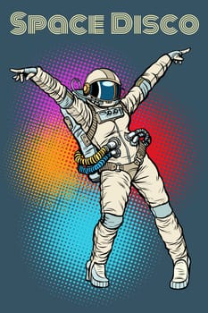 female astronaut dancing disco. Pop art retro comic book vector illustration hand drawn