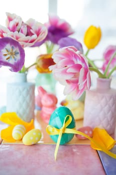 Colorful decoration for Easter with fresh tulips
