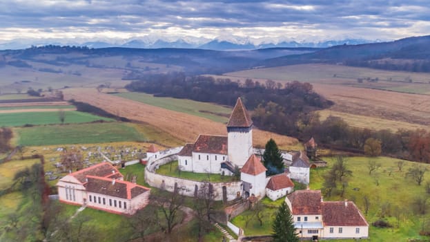 aerial view of Hosman fortified church in Transylvania, Romania