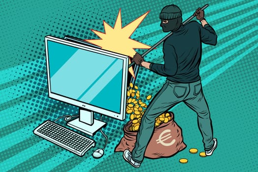 Online hacker steals Euro money from computer. Pop art retro vector illustration