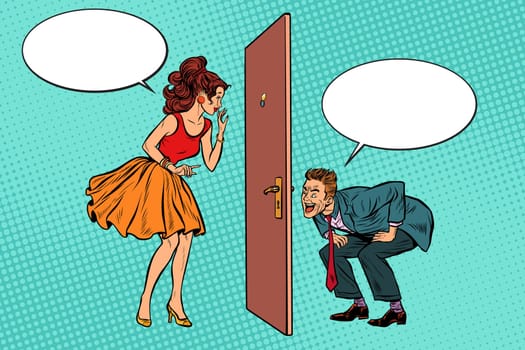 man and woman looking through a door, peephole and keyhole. Voyeurism and privacy. Pop art retro vector illustration