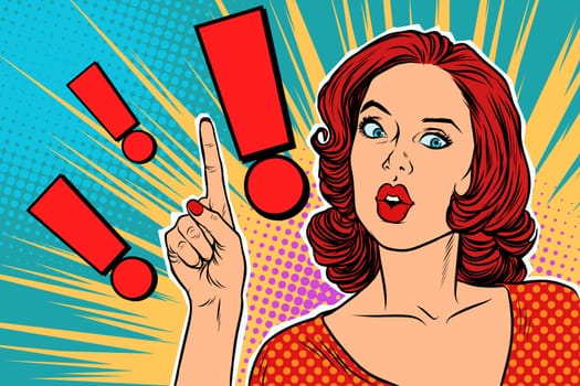 Exclamation point and surprised pop art woman. Pop art retro vector illustration