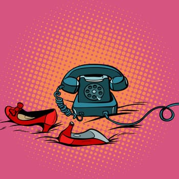 retro phone and womens red shoes. Pop art retro comic book vector illustration hand drawn