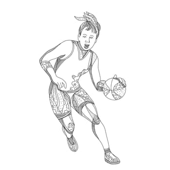Doodle art illustration of female basketball player dribbling ball viewed from front on isolated background done in black and white.