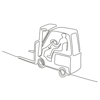 Continuous line drawing illustration of a warehouse operator driver driving a forklift truck viewed from high angle done in sketch or doodle style.