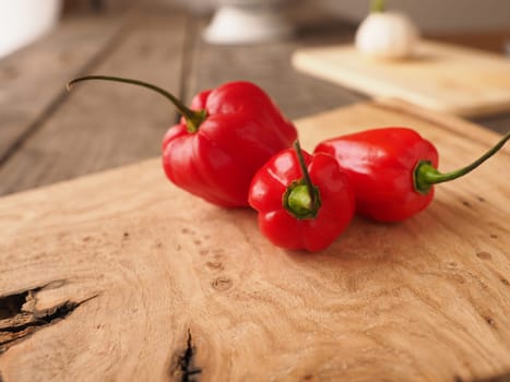 Hot and spicy Habanero chili on rustic wood