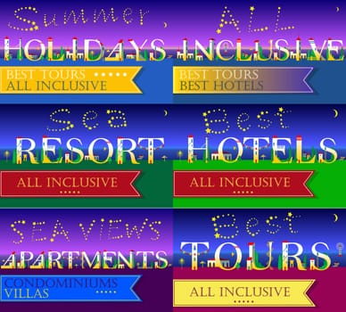 Cards for travel buisness. Summer holidays. All inclusive. Sea resort. Sea views apartments. Best tours. Best hotels. White houses on the night beach. Stars in the sky.  Illustration.