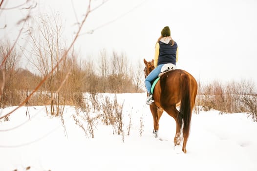 Woman in winter clothes is riding on a horse on a background of white snow.