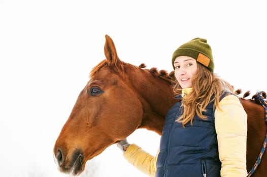 Woman in winter clothes and a horse standing together. love and care for horses. animal portrait on a white background.