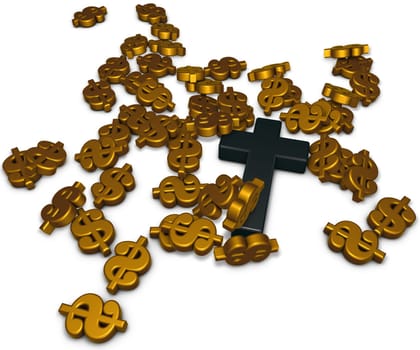 Christian cross and dollar symbols on white background - 3d rendering