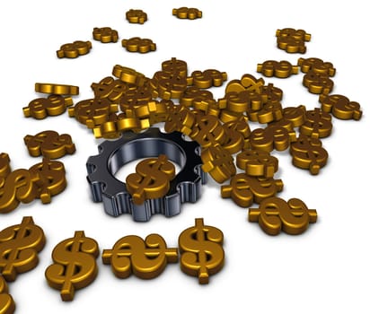 dollar symbols and gear on white background - 3d rendering