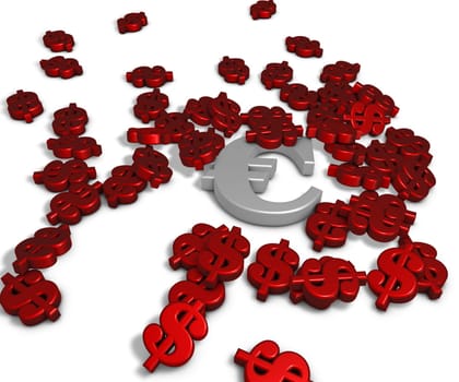 confusion of many dollar symbols and a euro sign on white background - 3d rendering