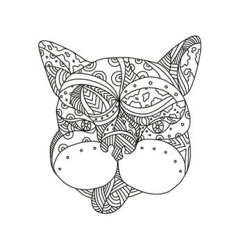 Doodle art illustration of head of French bulldog or frenchie dog viewed from front on isolated background done in black and white.