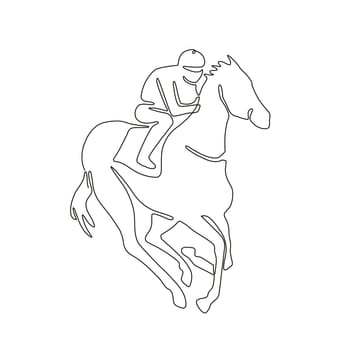 Continuous line drawing illustration of a jockey riding on horse racing done in sketch or doodle style.