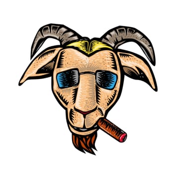 Retro woodcut style illustration of head of a hip hipster goat wearing sunglasses and smoking cigar viewed from front on isolated background.