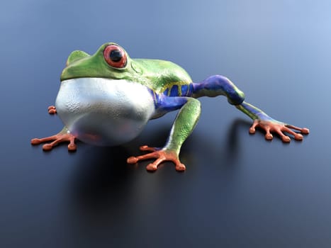 Realistic 3D rendering of a green, blue and orange colored red-eyed tree frog, Agalychnis callidryas, sitting on a reflective surface with its inflated vocal sac showing.