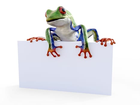 Realistic 3D rendering of a green, blue and orange colored red-eyed tree frog, Agalychnis callidryas, sitting on an empty sign. White background.