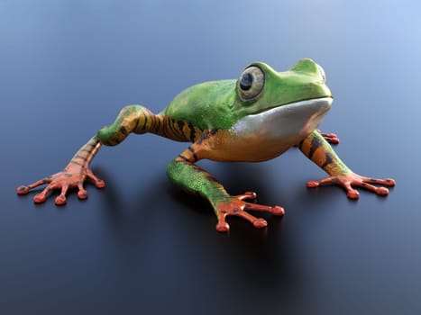 Realistic 3D rendering of a green and orange colored tree frog sitting on a reflective surface.