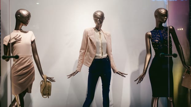 dummy on a shop window. Faceless women in fashionable clothes