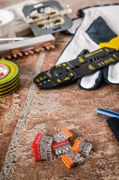 Tools for electricians crimpers and accessories, close-up
