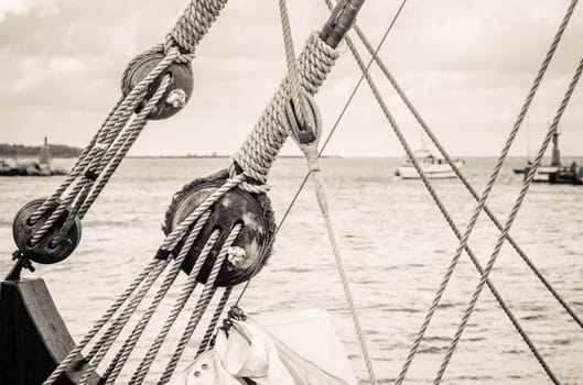 Blocks and rigging of an old sailboat, close-up