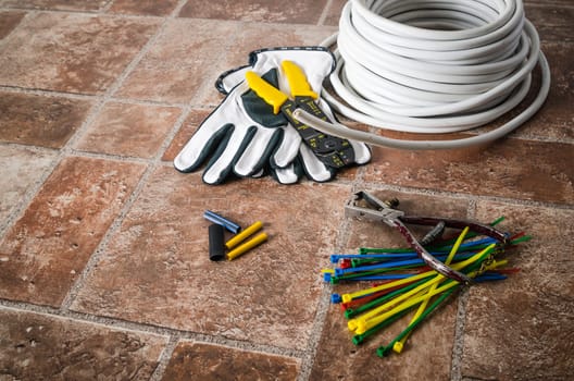 Tools for electricians crimpers and accessories, close-up