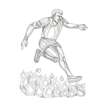 Doodle art illustration of an obstacle course event racer jumping over fire on isolated background done in black and white.