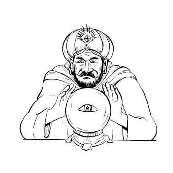 Drawing sketch style illustration of a fortune teller, medium, psychic, mystic,seer, soothsayer, clairvoyant scrying on a crystal ball with eye on white background.