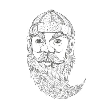 Doodle art illustration of head of Paul Bunyan, a giant lumberjack in American folklore with full beard viewed from front on isolated background done in black and white.