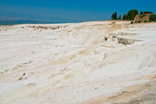 Panoramic view of Pammukale near modern city Denizli, Turkey. One of famous tourists place in Turkey.