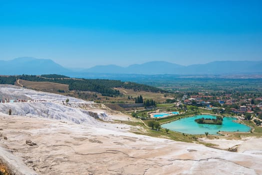 Panoramic view of Pammukale near modern city Denizli, Turkey. One of famous tourists place in Turkey.