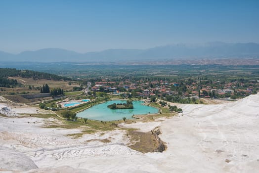 Panoramic view of Pammukale near modern city Denizli, Turkey. One of famous tourists place in Turkey.