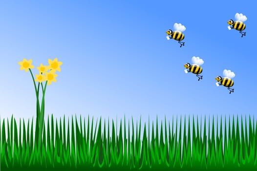 Yellow flowers in the grass with bees, spring time illustration