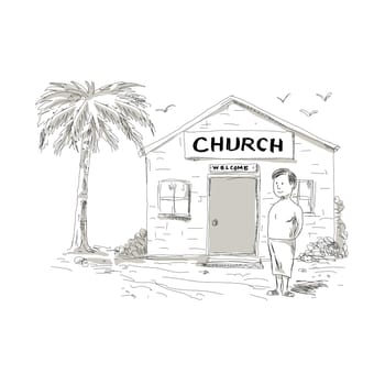 Cartoon style illustration of a skinny shirtless Samoan boy wearing lavalava standing by, beside or in front of church with coconut tree behind.