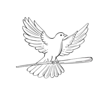 Drawing sketch style illustration of a soaring dove or pigeon with wing spread flying clutching a wooden staff or cane viewed from side on isolated background.