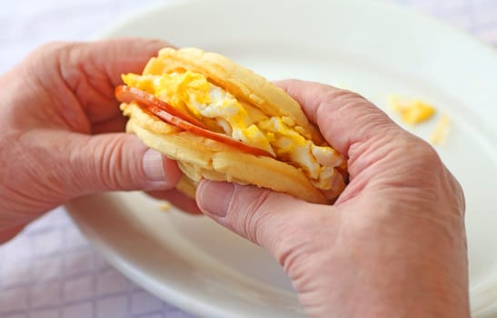 Waffle sandwich of Canadian bacon and scrambled eggs in a man's hands