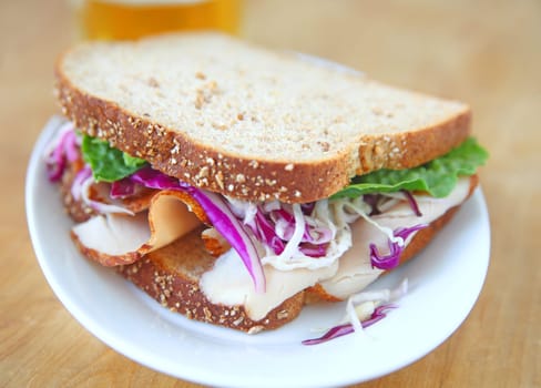 Sandwich with sliced turkey and coleslaw on white plate